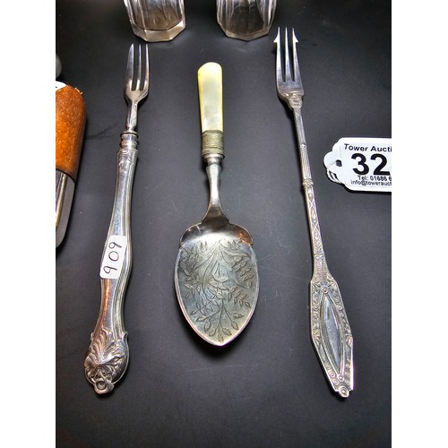 324 - Qty of collectables to include two good antique ornate forks, one is hallmarked silver (handle and f... 