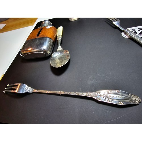 324 - Qty of collectables to include two good antique ornate forks, one is hallmarked silver (handle and f... 