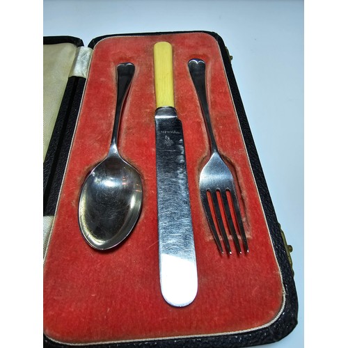 326 - Cased hallmarked silver Christening set - knife, fork and spoon set which includes a hallmarked silv... 