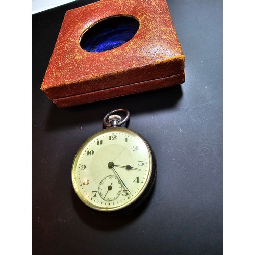 328 - Hallmarked silver pocket watch complete with its leather travel case, pocket watch is in good overal... 