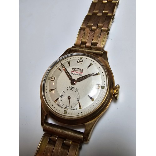 330 - Good quality vintage Roamer Premier Gents watch with hallmarked 9ct. yellow gold case on a good qual... 