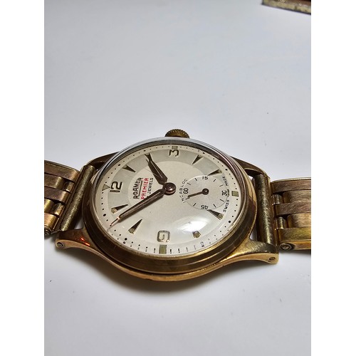 330 - Good quality vintage Roamer Premier Gents watch with hallmarked 9ct. yellow gold case on a good qual... 