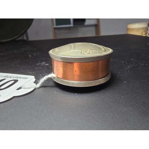 340 - Good quality vintage copper lidded pot made out of two Irish coins to each side, dated 1959. Beautif... 