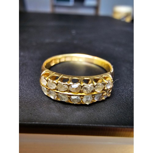 346 - Stunning hallmarked 18ct yellow gold diamond ring featuring two rows of channel set rose cut diamond... 