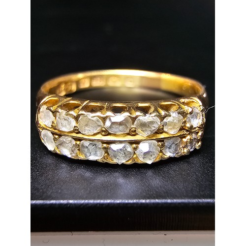 346 - Stunning hallmarked 18ct yellow gold diamond ring featuring two rows of channel set rose cut diamond... 