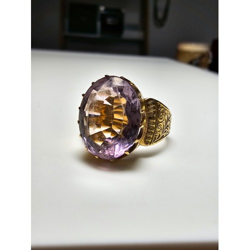 348 - Stunning antique 18ct yellow gold statement ring inset with a large natural faceted amethyst gemston... 