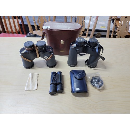 69 - Good cased swift binoculars 8.5x44 along with 2x other pairs of binoculars inc Countryman 10x50, and... 