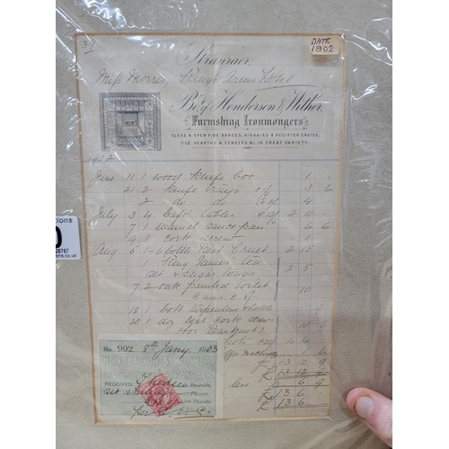 70 - Vintage mounted Furnishing Ironmongers receipt for  Henderson & Wither, dated 1902 along with a 1903... 