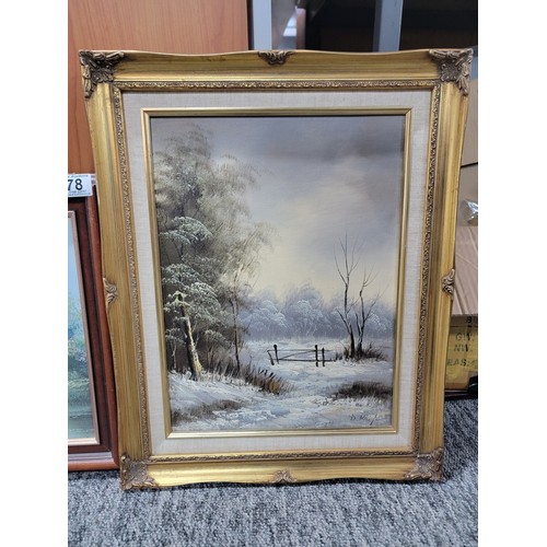 78 - An ornate gilt framed oil on board of a country scene signed by D. Knight, along with a wooden frame... 