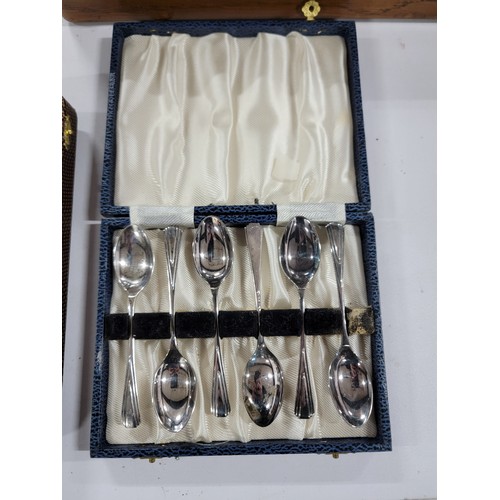 80 - Box containing a quantity of flat ware inc a wooden cased canteen of cutlery for 6 persons almost co... 