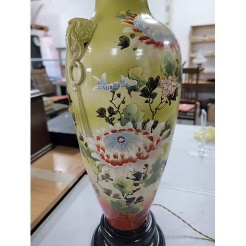 91 - Vintage Japanese hand painted floral design vase converted into a lamp. Measures - 64cm height (not ... 