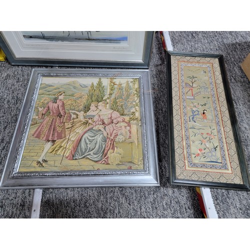 109 - Qty of artwork which includes framed tapestry of period scene, original signed framed & glazed water... 