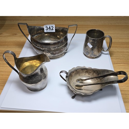 342 - 5 pieces of good antique hallmarked silver to include 2 jugs, a small tankard, a large twin handled ... 