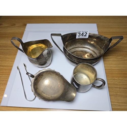 342 - 5 pieces of good antique hallmarked silver to include 2 jugs, a small tankard, a large twin handled ... 