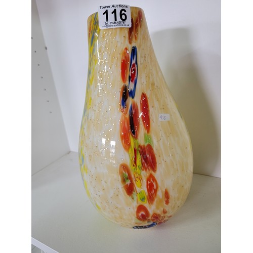 116 - 2x large vintage art glass Murano teardrop confetti style vases. Measures 31.5cm height.