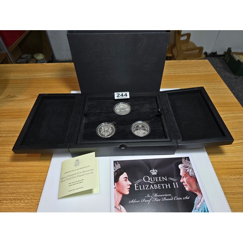 244 - H.M. Queen Elizabeth II in memoriam silver proof 3x £5 coin set, first strike edition, the silver se... 