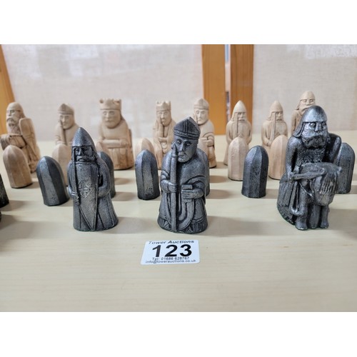 123 - Complete set of Isle of Lewis chess pieces professionally hand made by the vendor. These resin chess... 