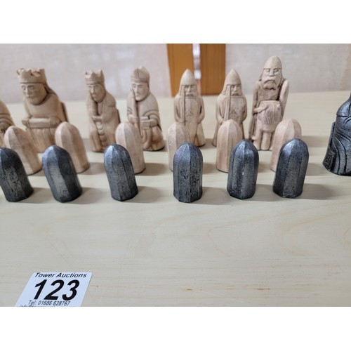 123 - Complete set of Isle of Lewis chess pieces professionally hand made by the vendor. These resin chess... 