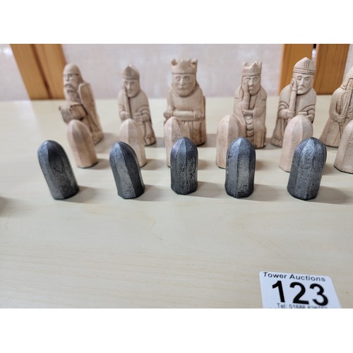 123 - Complete set of Isle of Lewis chess pieces professionally hand made by the vendor. These resin chess... 