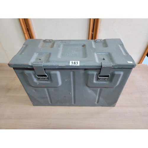 141 - A good quality grey metal 1940 ammunition box, stands at 34cm high, 49cm long and 22cm deep