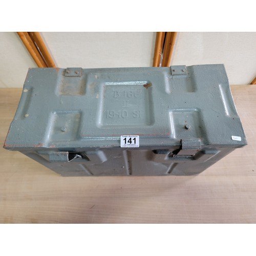 141 - A good quality grey metal 1940 ammunition box, stands at 34cm high, 49cm long and 22cm deep