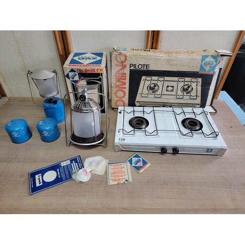 150 - Quantity of camping items inc a boxed camping gaz stove by Domino Pilote, camping gaz lantern and sp... 