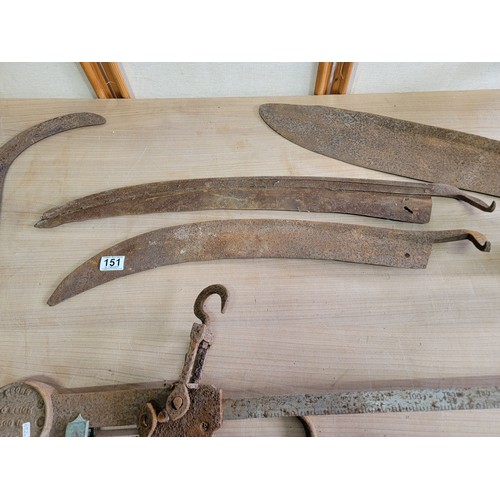 151 - Quantity of vintage tools in need of restoration inc a Crowr meat scales, along with 2x handled sick... 