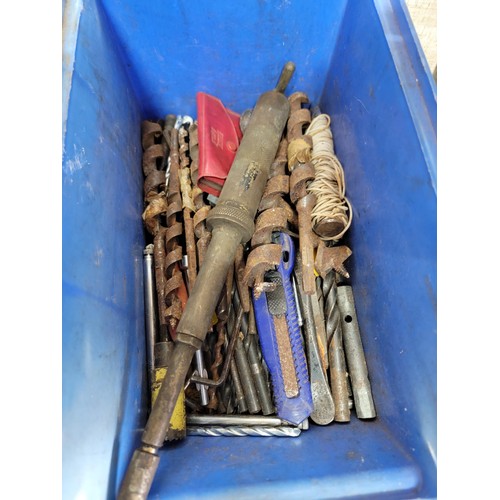 158 - 2x crates containing a large quantity of shed odds inc mitre saw, drill bits, foot pump enamel dish,... 