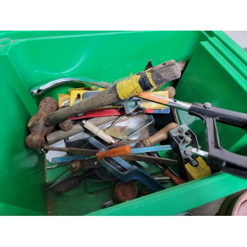 158 - 2x crates containing a large quantity of shed odds inc mitre saw, drill bits, foot pump enamel dish,... 