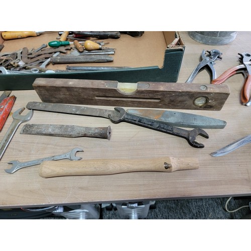 159 - Box containing a quantity of shed odds inc 2x galvanised buckets, spanners, chisels, secateurs, spir... 