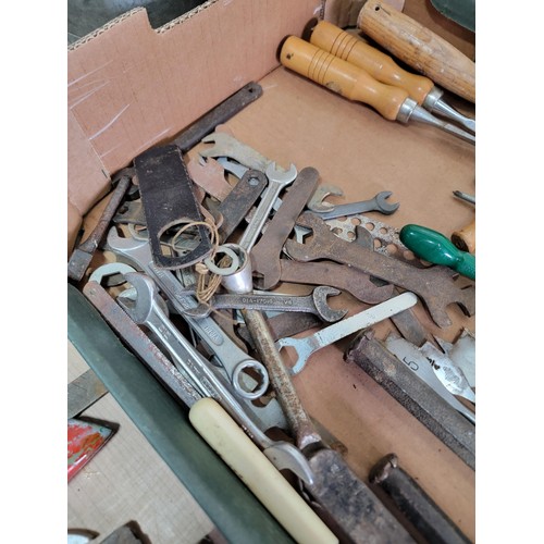 159 - Box containing a quantity of shed odds inc 2x galvanised buckets, spanners, chisels, secateurs, spir... 