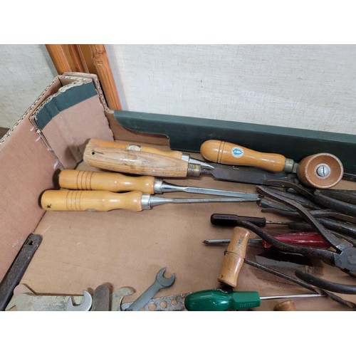 159 - Box containing a quantity of shed odds inc 2x galvanised buckets, spanners, chisels, secateurs, spir... 