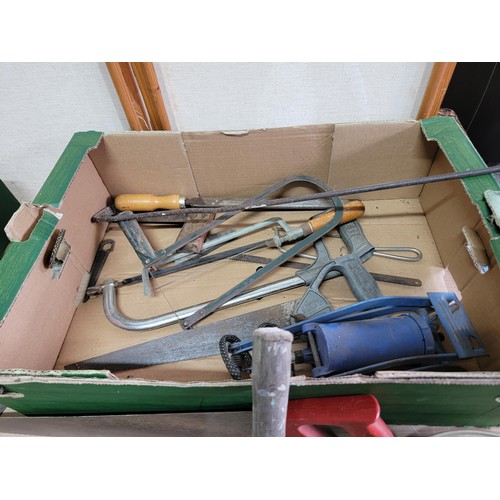 162 - 2x boxes containing a quantity of shed odds inc lawn sheers, wire brushes, vintage Chalwyn heater, s... 