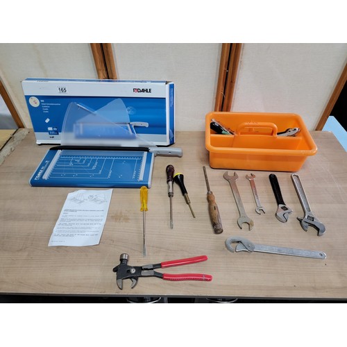 165 - Boxed Dahle guillotine in good order along with a small orange tool caddy containing a quantity of s... 