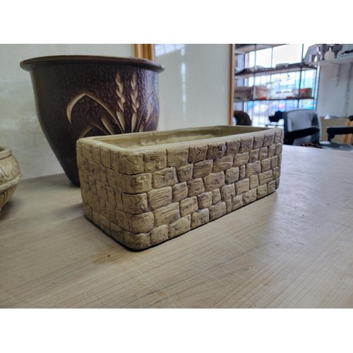 183 - Quantity of 4x stoneware planters 3x of the planters have a brickwork design to them and stamped Hil... 