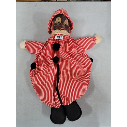 191 - A vintage 1959 Merrythought clown pyjama case in full clown attire and marked Merrythought to one fo... 