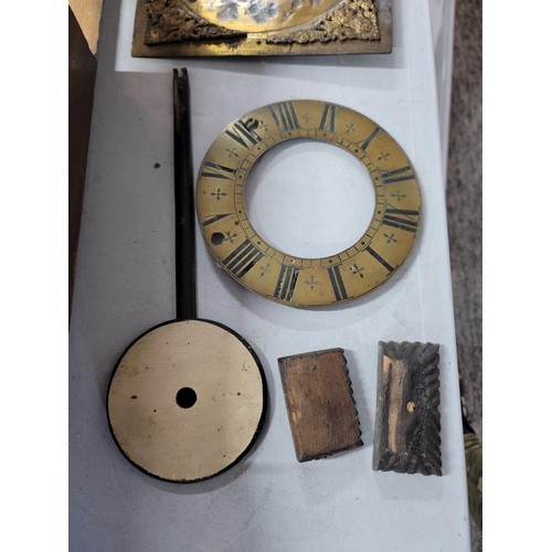 203 - A quantity of clock parts inc an antique 1820's mostly wooden American Elbridge Atkins movement in g... 