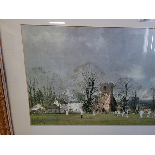 205 - Large framed and glazed print of a cricket scene titled ' The Opening Match' by Ray Perry in good ov... 