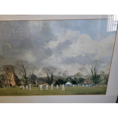 205 - Large framed and glazed print of a cricket scene titled ' The Opening Match' by Ray Perry in good ov... 