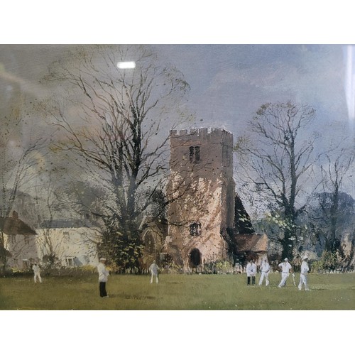 205 - Large framed and glazed print of a cricket scene titled ' The Opening Match' by Ray Perry in good ov... 