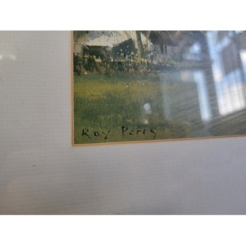 205 - Large framed and glazed print of a cricket scene titled ' The Opening Match' by Ray Perry in good ov... 