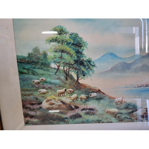 206 - 2x vintage framed and glazed watercolours of lake scenes, one with sheep by the lake and one with ca... 