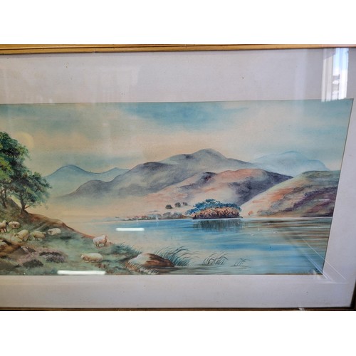 206 - 2x vintage framed and glazed watercolours of lake scenes, one with sheep by the lake and one with ca... 