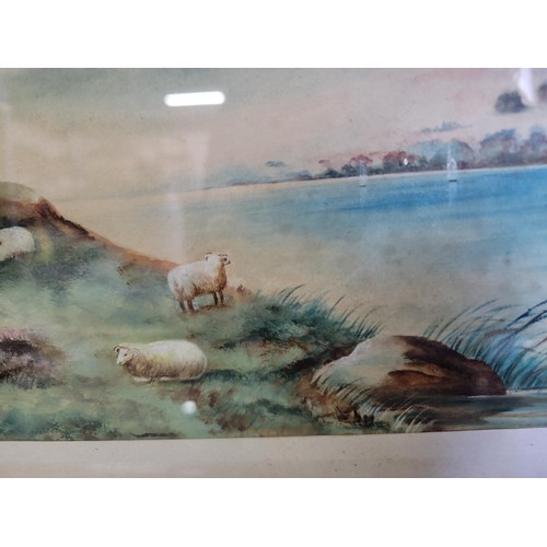 206 - 2x vintage framed and glazed watercolours of lake scenes, one with sheep by the lake and one with ca... 