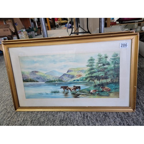 206 - 2x vintage framed and glazed watercolours of lake scenes, one with sheep by the lake and one with ca... 