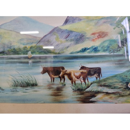 206 - 2x vintage framed and glazed watercolours of lake scenes, one with sheep by the lake and one with ca... 