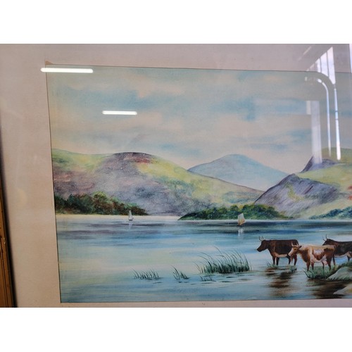 206 - 2x vintage framed and glazed watercolours of lake scenes, one with sheep by the lake and one with ca... 