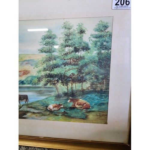 206 - 2x vintage framed and glazed watercolours of lake scenes, one with sheep by the lake and one with ca... 