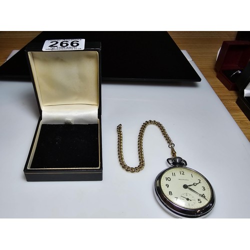 266 - A vintage chrome Ingersoll pocketwatch complete with chain and display box, has been tested for a sh... 