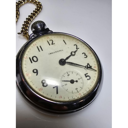 266 - A vintage chrome Ingersoll pocketwatch complete with chain and display box, has been tested for a sh... 